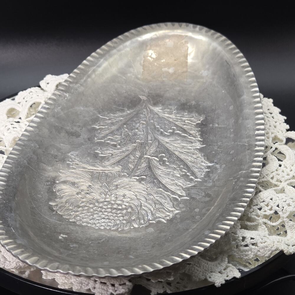 Continental Hand Wrought Tray Aluminum Chrysanthemum Trade Mark 566 Vintage